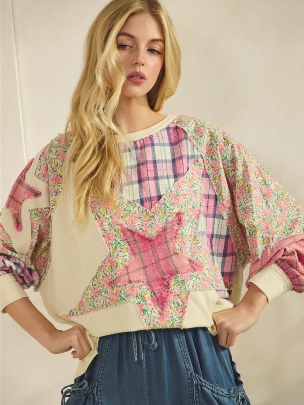 Sage + Fig Boho Patchwork Star Pullover Sweater - Pink Multicolor